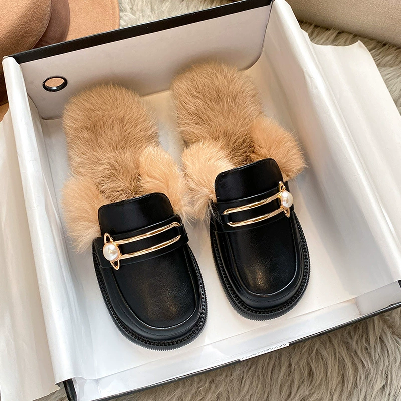 KM-5 обувь из меха кролика 2024 новый осенний и зимний ремень плюс пушистые тапочки женские туфли больших размеров 41-43