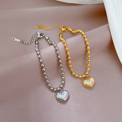 [Full body titanium steel] Dongdaemun personality temperament forest style love mother-of-pearl round bead bracelet female Internet celebrity retro best friend