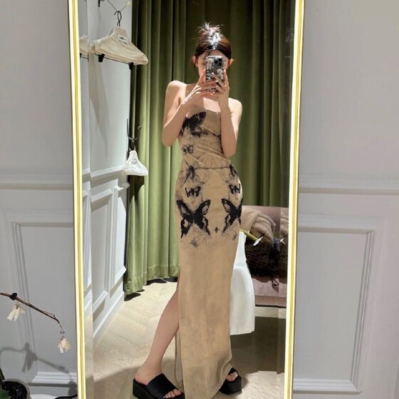 SUNNEOE Butterfly dress Women's Summer French Ink Print Slim-fit Slim-fit A- strap Skirt