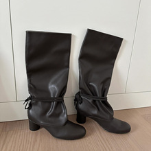 全牛皮~2025新款宽筒绑带真皮长筒靴女粗跟高跟长靴高筒靴骑士靴