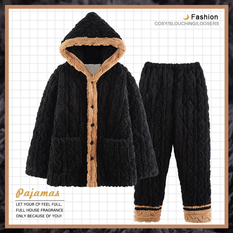 Jiao Caimeng pijamas de pareja de invierno coral polar de tres capas acolchadas engrosadas franela de hombres y mujeres estilo coreano Otoño e Invierno