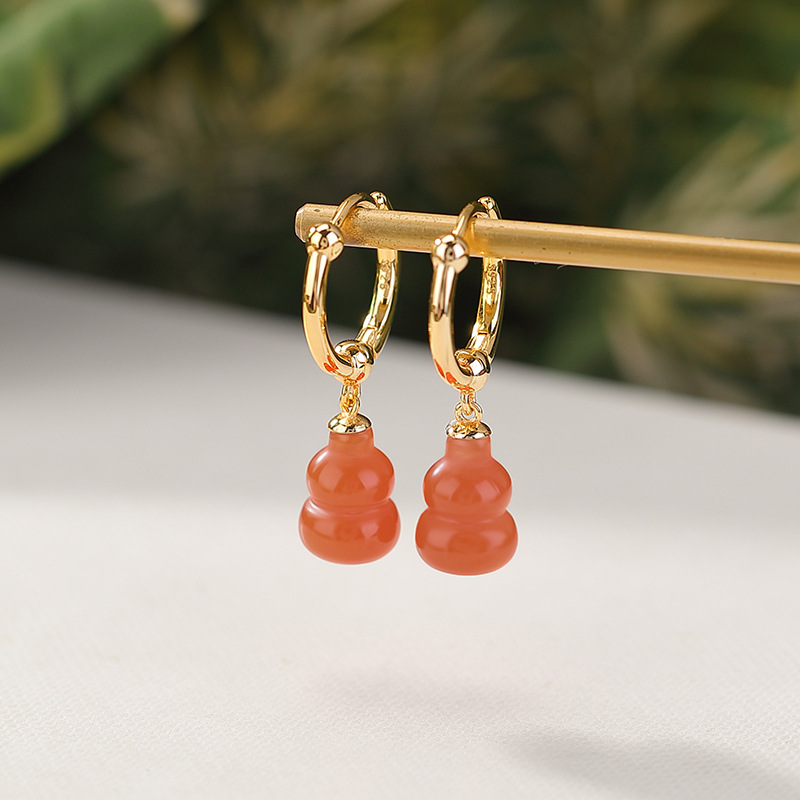 Bông tai kẹp bạc S925 đính ngọc bích phong cách Trung Hoa retro — Phong cách nước đỏ