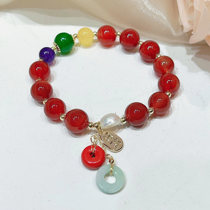 thumbnail image 1 of Moda Retro Jade Pulsera Mujer Nuevo Estilo Tibetano Estilo Étnico Calabaza Calcedonia Pulsera Suerte Mano Decoración Cinabrio Ping Una Hebilla-Roja, 1 of 2