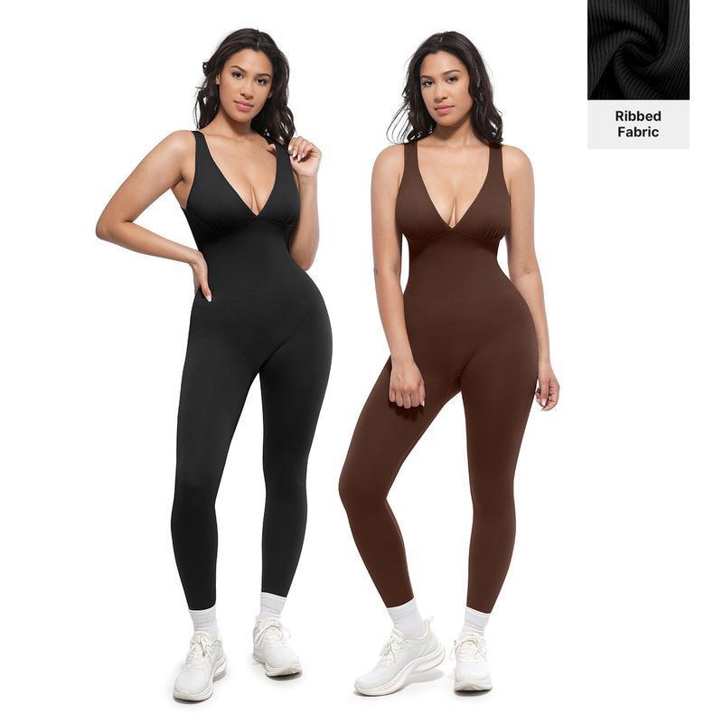 Women's High-Waisted Workout Jumpsuit | Stretchy Yoga Bodysuit With V-Neck & Back Support | Tummy Control Fitness One-Piece (Red/Black/Brown) S-3XL_ecoleips.com