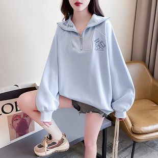 200kg plus size women's American retro half zipper sweater women's spring and autumn thin design niche loose coat
