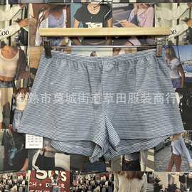 BM风 美式蓝色细条纹短裤松紧腰居家裤运动裤女百搭显瘦休闲裤