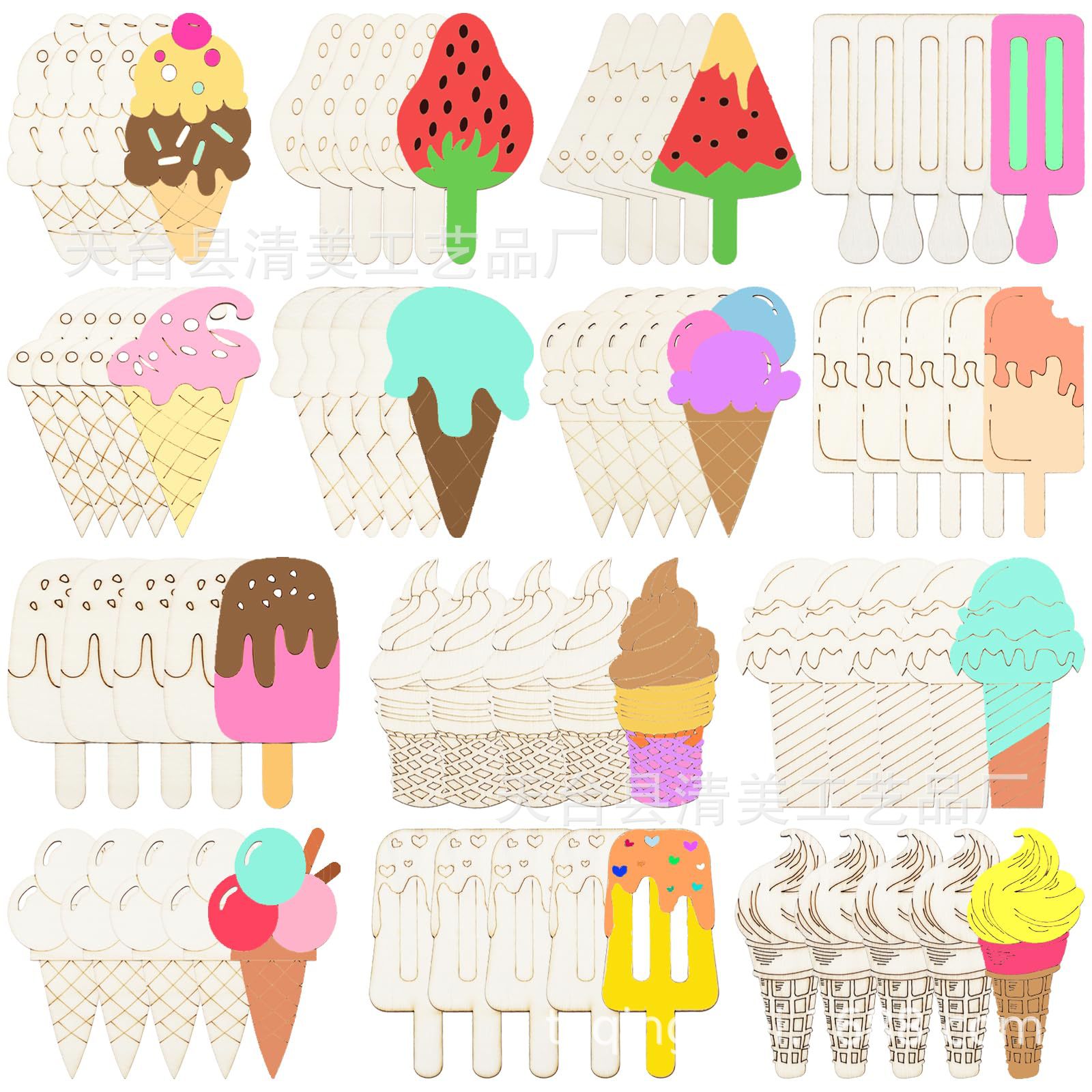 14 Verano de madera en blanco graffiti Tarjeta de madera decoración de helado pintura infantil helado artesanía de madera chip colgante