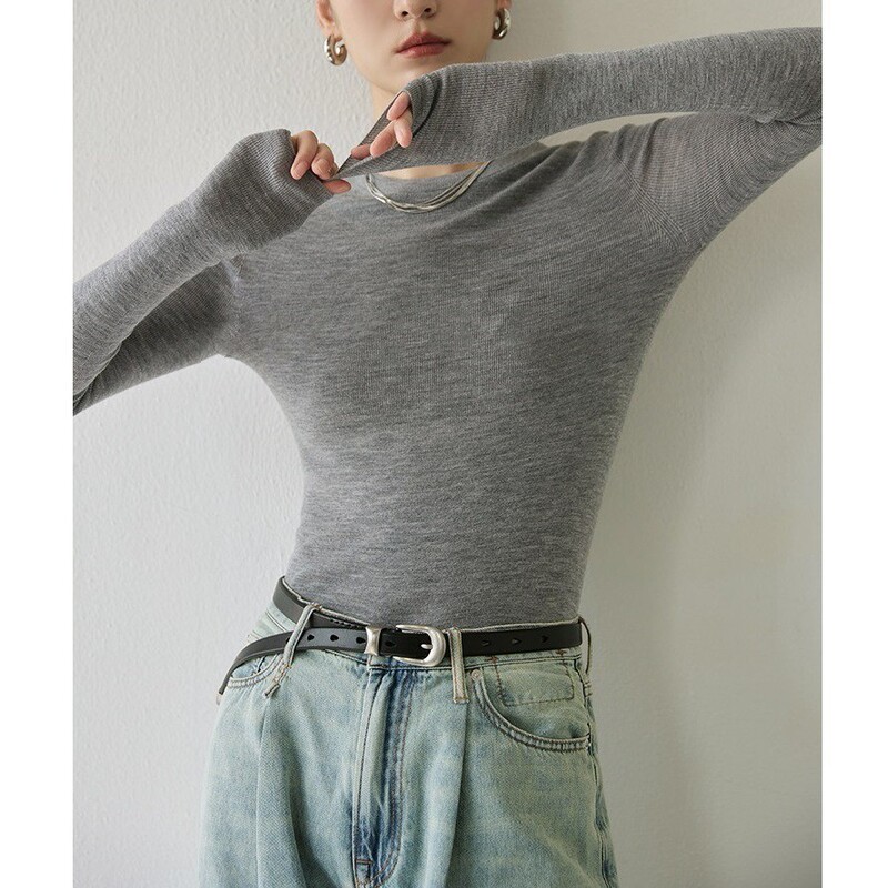 Lightweight meinuo 18-pin 120 wool seamless round neck slim-fit knitted bottoming shirt for women