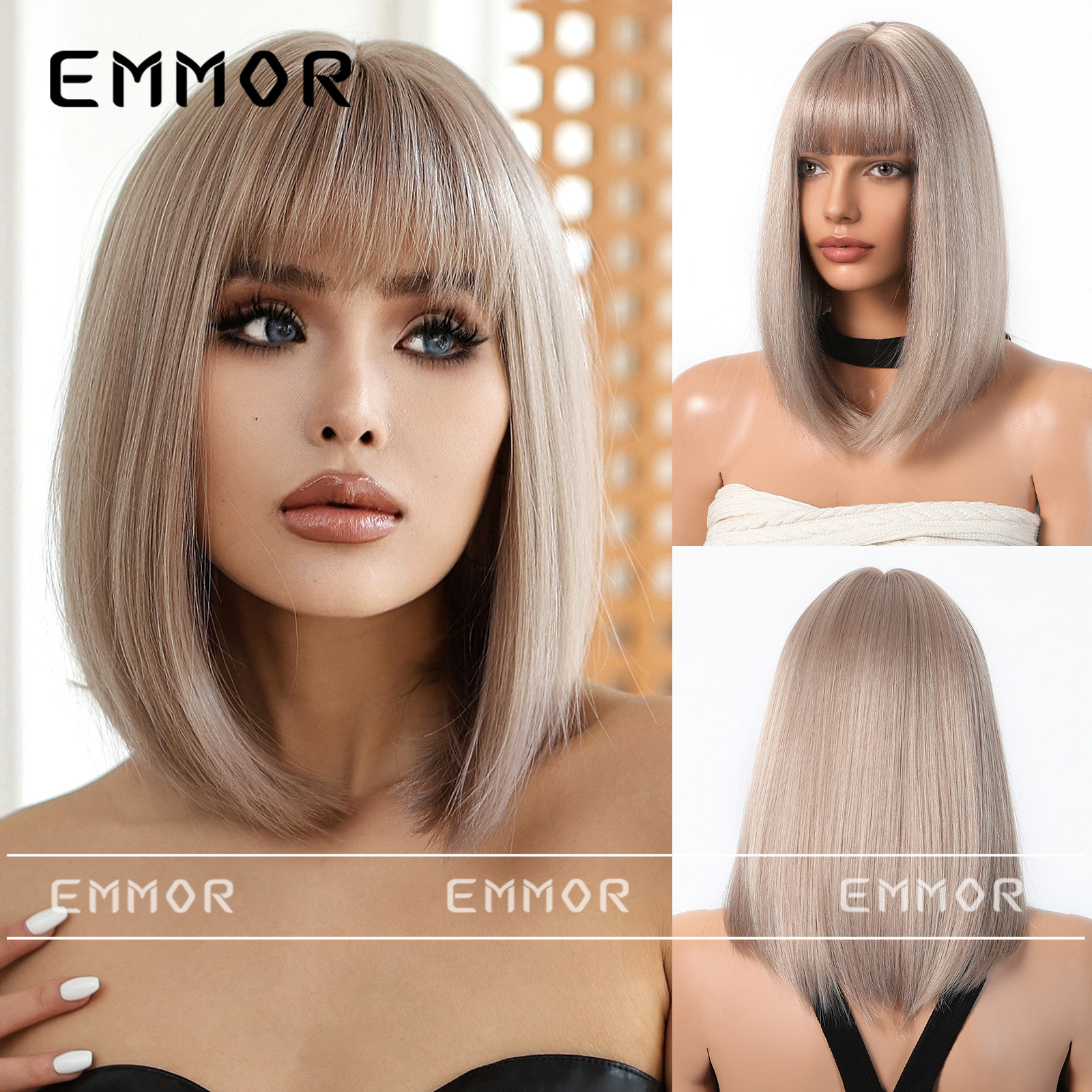 Estilo europeo y americano nuevo estilo champán marrón pelo corto y liso moda reducción de edad cabeza de bobo peluca natural sin costuras cubierta completa