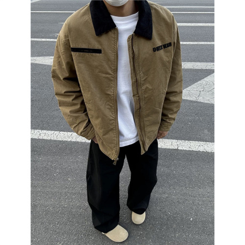 Puffer Collar Jacket Early Autumn Outerwear Men 2025 New Arrival Loose Casual Washed Letter Embroidery Trendy Unisex Top