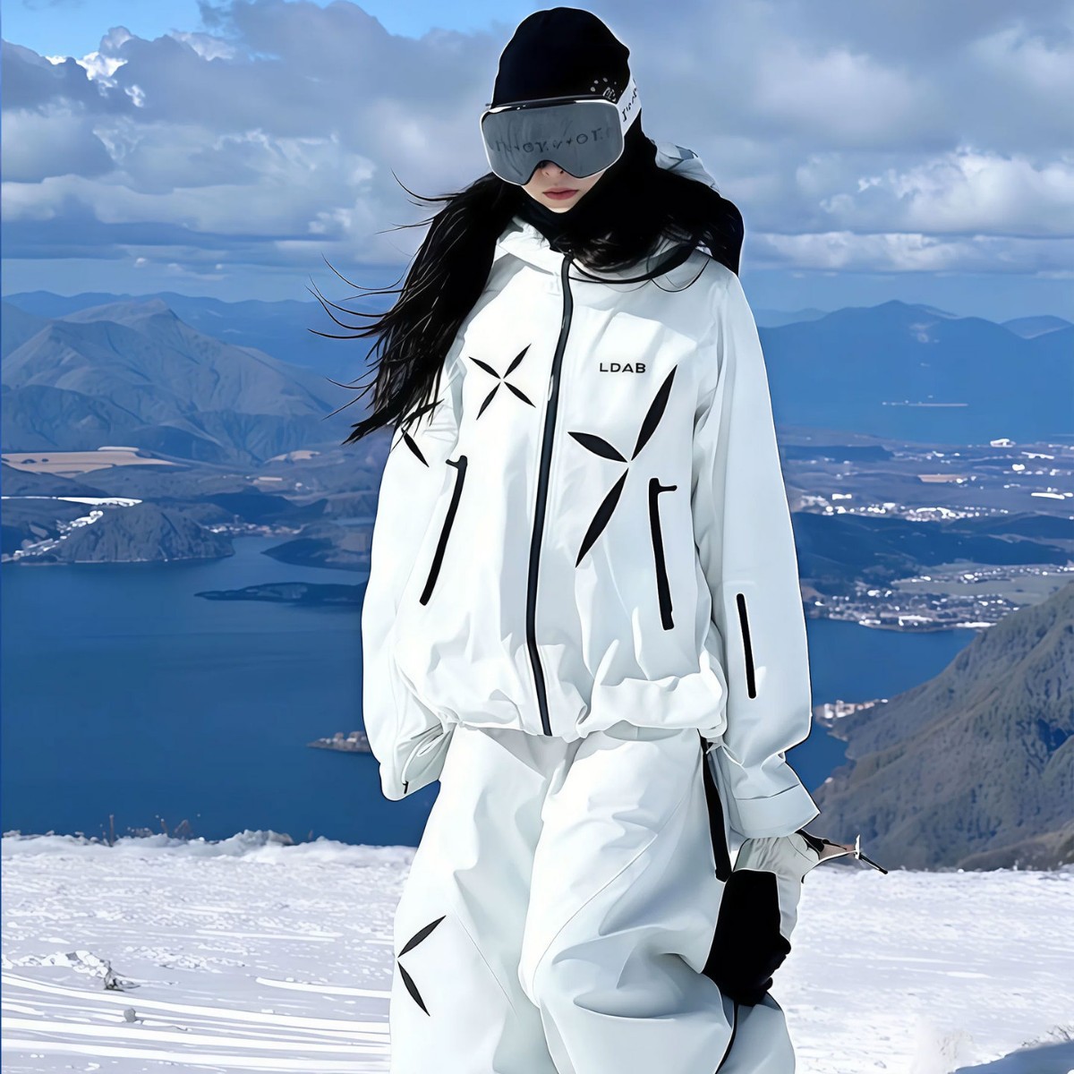 Ldab White Starburst Ski Suit Set for Women 2026 Autumn and Winter New Outdoor Windproof Double-Board Snow Pants Full Set of Equipment