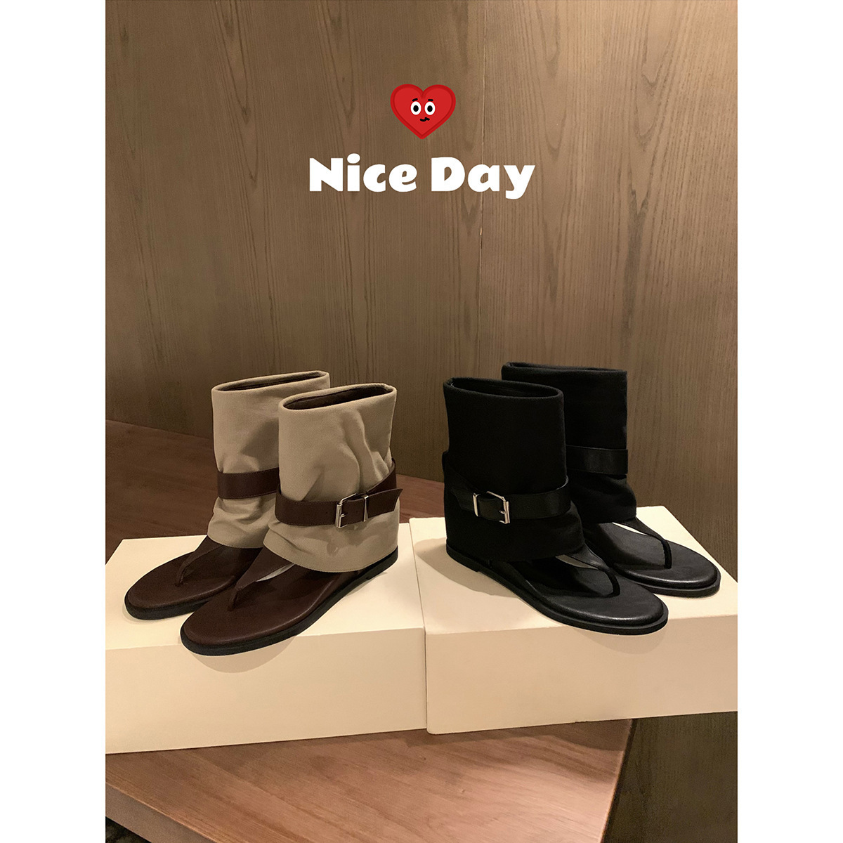 Grape Mom's Same Style Summer Height-Increasing 4.5cm Thong Sandals for Women with Color-Blocked Leather Strap Buckle, Mid-Calf Sandals for Hot Girls