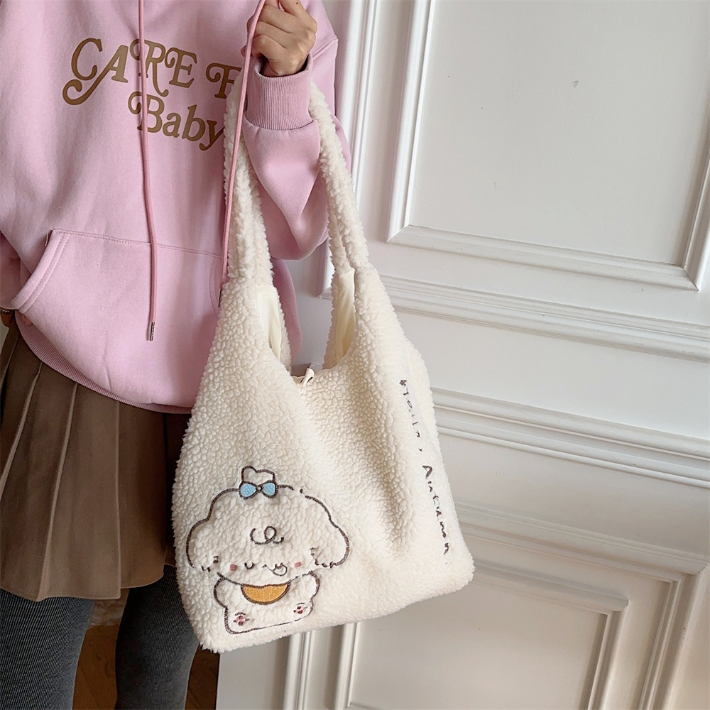 312201 Korean version ins Autumn/Winter Collection, fluffy single-shoulder bag, cute female dog embroidered large capacity tote bag undefined