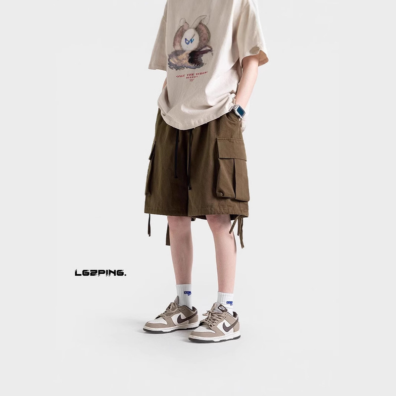 American Retro Casual Cargo Shorts Men's Sports Summer Trendy Japanese Style Five-Point Pants Brown Functional Pants Trendy