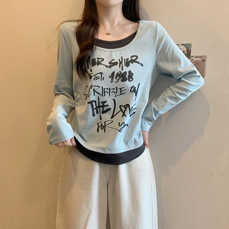 2025秋季新款胖mm大码女撞色拼接假两件字母印花长袖上衣T恤|undefined