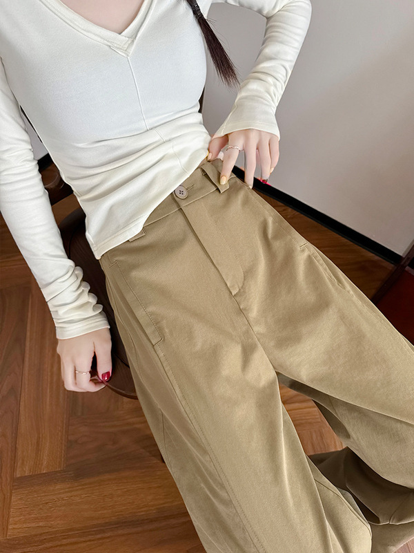 高品质美式弯刀裤女春秋新款宽松休闲高腰阔腿裤小个子直筒工装裤|undefined