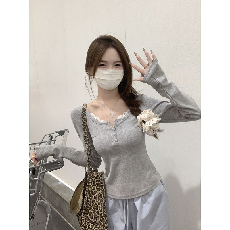 아침 칼라 [원래 좋은 직물] 순수한 바람 레이스 어깨 긴 소매 티셔츠 여성의 이른 가을 새로운 슬림 핏