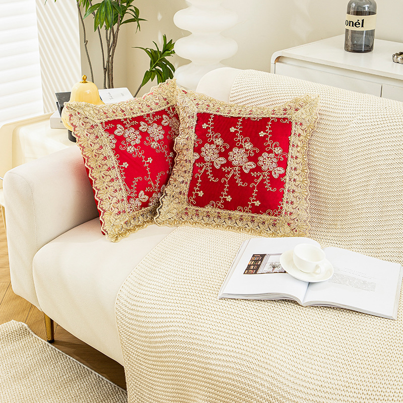 European-Style Light Luxury Cushion with Lace Embroidery, Simple and Festive Pillowcase with a Three-Dimensional Feel, High-End Car Decorative Cushion