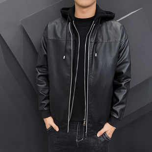 2025 New Autumn and Winter Leather Men's Loose Hooded Leather Jacket Motorcycle Casual Men's cotton and thickening Jacket