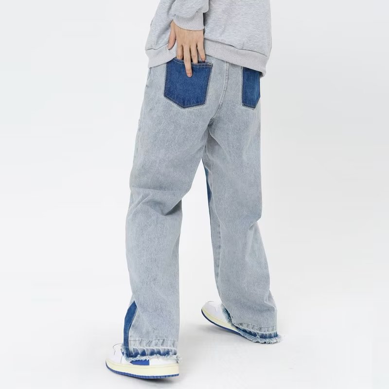Calça jeans larga colorblock masculina, solta, reta, plus size, plus size, da moda, calça harém japonesa retrô, primavera e verão_voghion.com