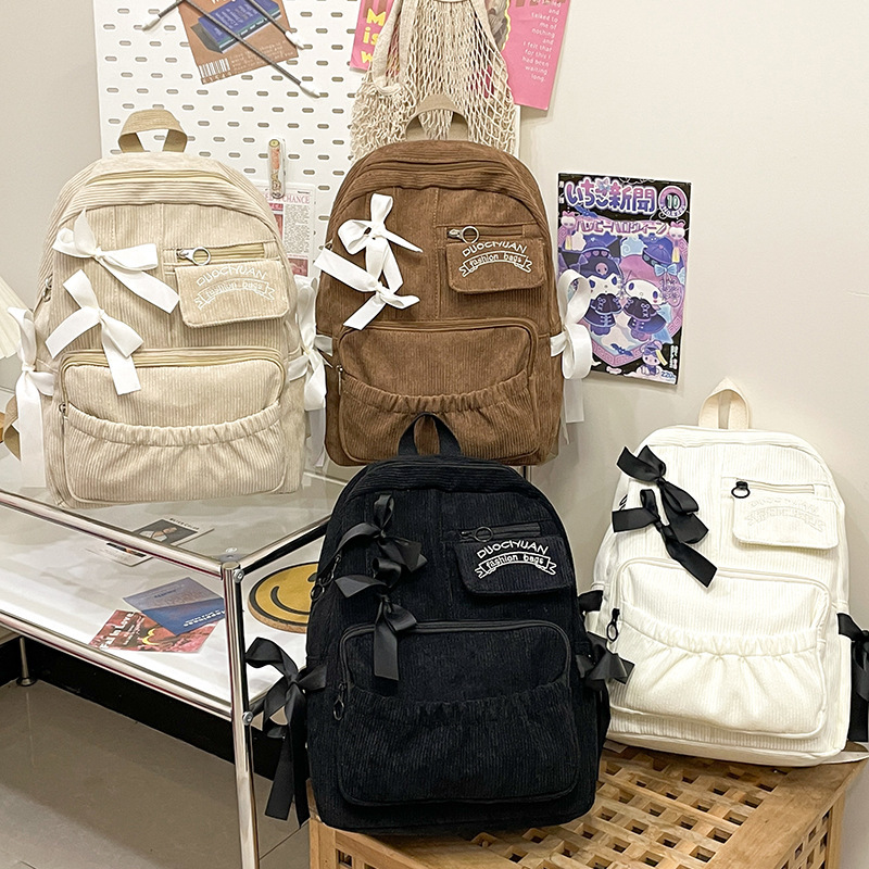 日本インススクールバッグ中学生高校生女子大学生バックパックリボンリボンコーデュロイバックパックスクールバッグ|undefined