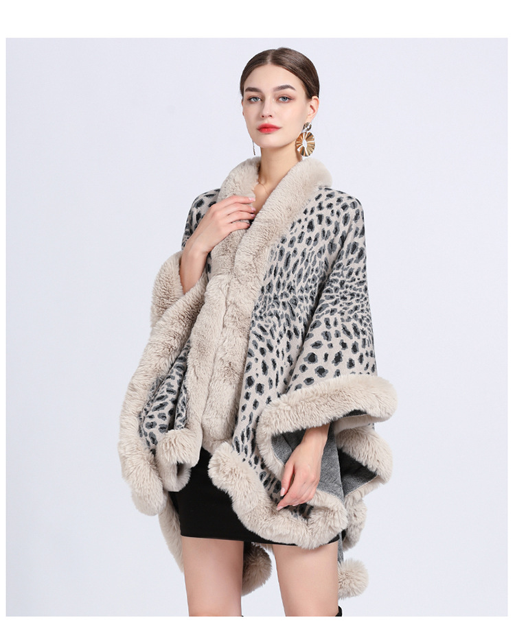 Mantella in maglia con collo in pelliccia e stampa leopardata jacquard taglia grande cappotto cardigan donna_voghion.com