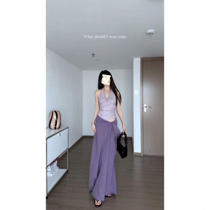 纯欲套装紫色挂脖露背吊带上衣女夏季新款辣妹绑带半身裙两件套|undefined