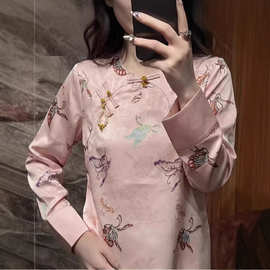 新中式粉色印花衬衫国风女装2026早春新款高级感小众盘扣唐装上衣