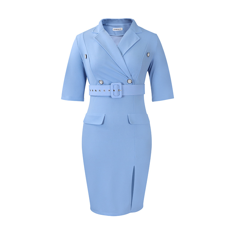 Women's Sheath Dress Elegant Turndown Button 3/4 Length Sleeve Solid Color Knee-Length Holiday Daily display picture 55