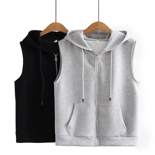 Women's Plus Size Solid Color Simple Space Cotton Hooded Vest Autumn Loose All-match Casual Zipper Cardigan 93202