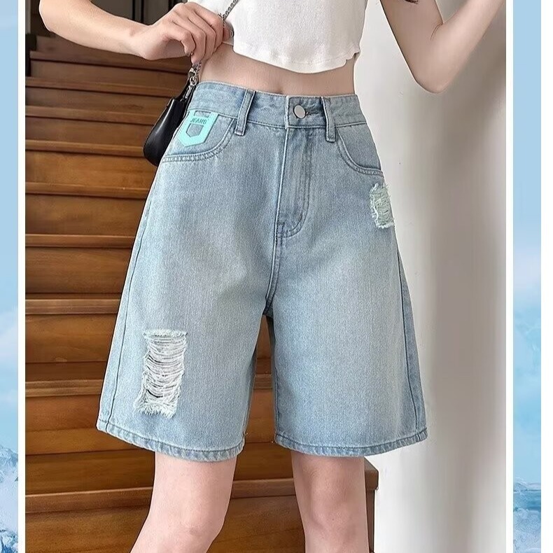 Ripped Five-point Denim Shorts Women's Summer Thin 2024 New High Waist Slimming Small Wide Leg Five-point Medium Pants