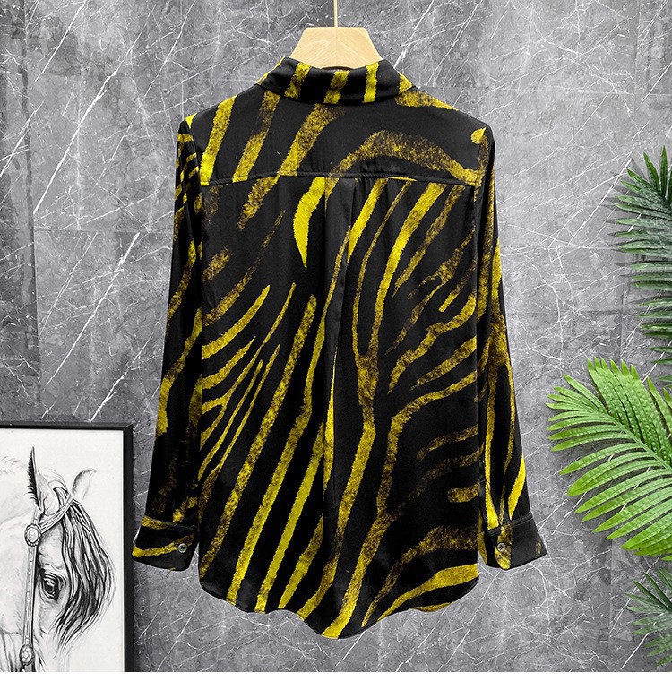 Women's Clothing Gilded segment dyeing! Satin leopard print irregular stripes   silk long sleeved shirt silk top_voghion.com
