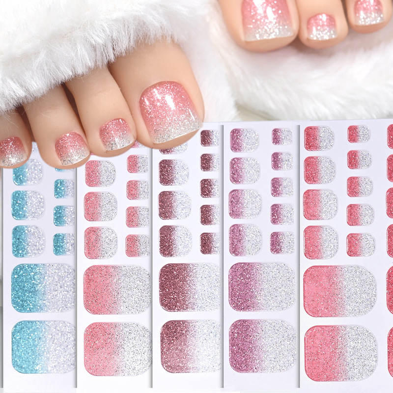 European and American 22-Finger Toenail Patches Glitter Gradient Square Short Toenail Stickers Waterproof Toenail Polish Stickers Manicure Stickers