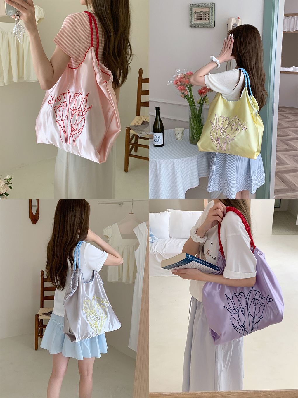 Bolso Tote con cordón de satén fresco casero, bolso de viaje bordado de tulipán de crema, bolso de hombro casual para mujer