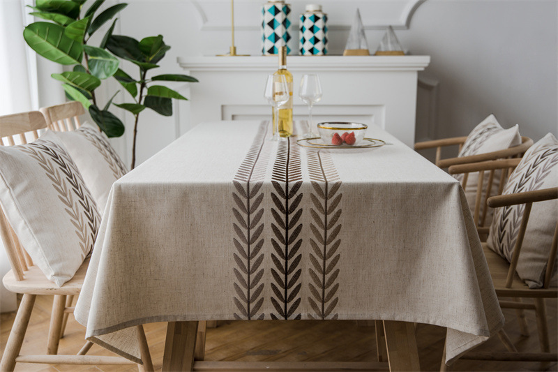 Polyester Linen Waterproof Modern Leaf Flower Runner Embroidered Geometric Tablecl Rectangular Coffee Dining Table_voghion.com