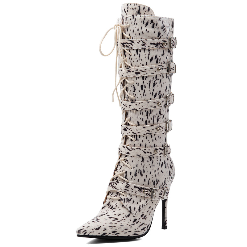 European and American foreign trade cross-border sexy hot girl pointed toe horsehair western style stiletto high heel 45 large size women's knee-high boots