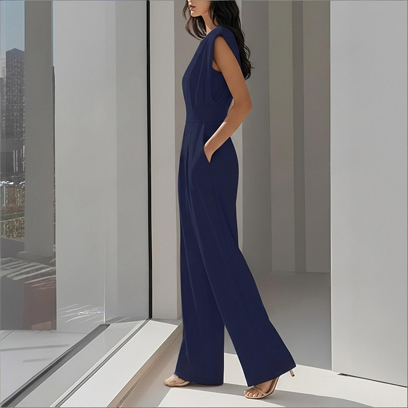 2026 Spring New Women's Clothing, Fashion Casual Commuter Solid Color Crew Neck Pleated Jumpsuit_ecoleips.com