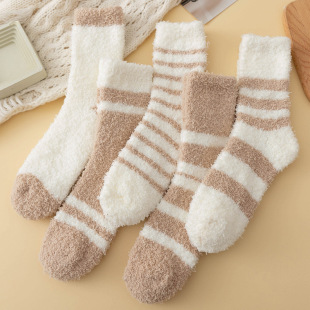 Cross-border Striped Coral Fleece Socks Women's Thickened Warm Floor Socks Autumn and Winter Sleep Mid-tube Moon Socks Half-side Fleece