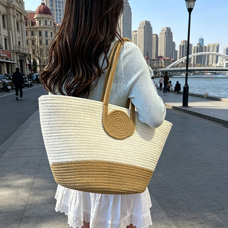 Large Capacity Commuter Ysl Woven Bag Casual Handbag Cotton Rope Tote Bag Foreign Trade Color-Blocking Stylish Bucket Bag for Women