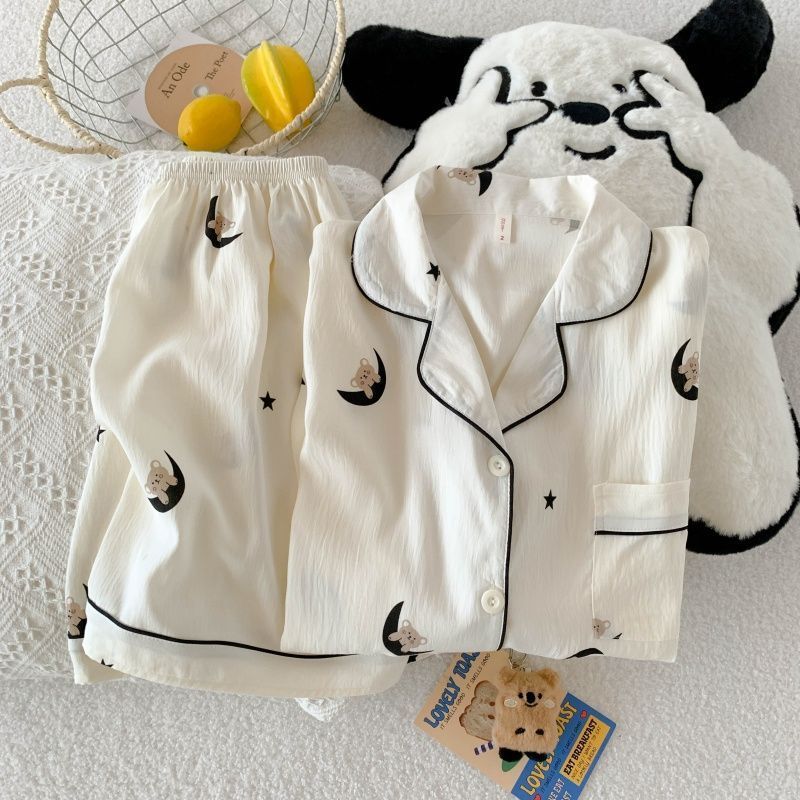 Nube de algodón pijama de mujer impresión de dibujos animados suelta adelgazamiento conjunto de dos piezas de verano nuevo gran pareja dormitorio ropa para el hogar