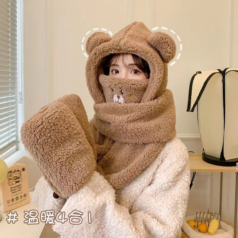 ベアーマスク帽子マフラー三点セット一体手袋四点セット冬帽子保温ぬいぐるみニット帽子カバー|undefined