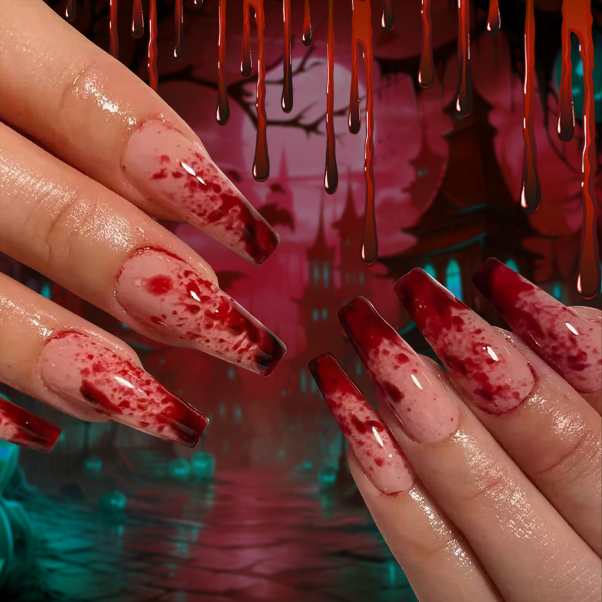 Halloween usa uñas rojas gotas de sangre parche de uñas falso parche de uñas oscuro tinte parche de uñas desmontable producto terminado