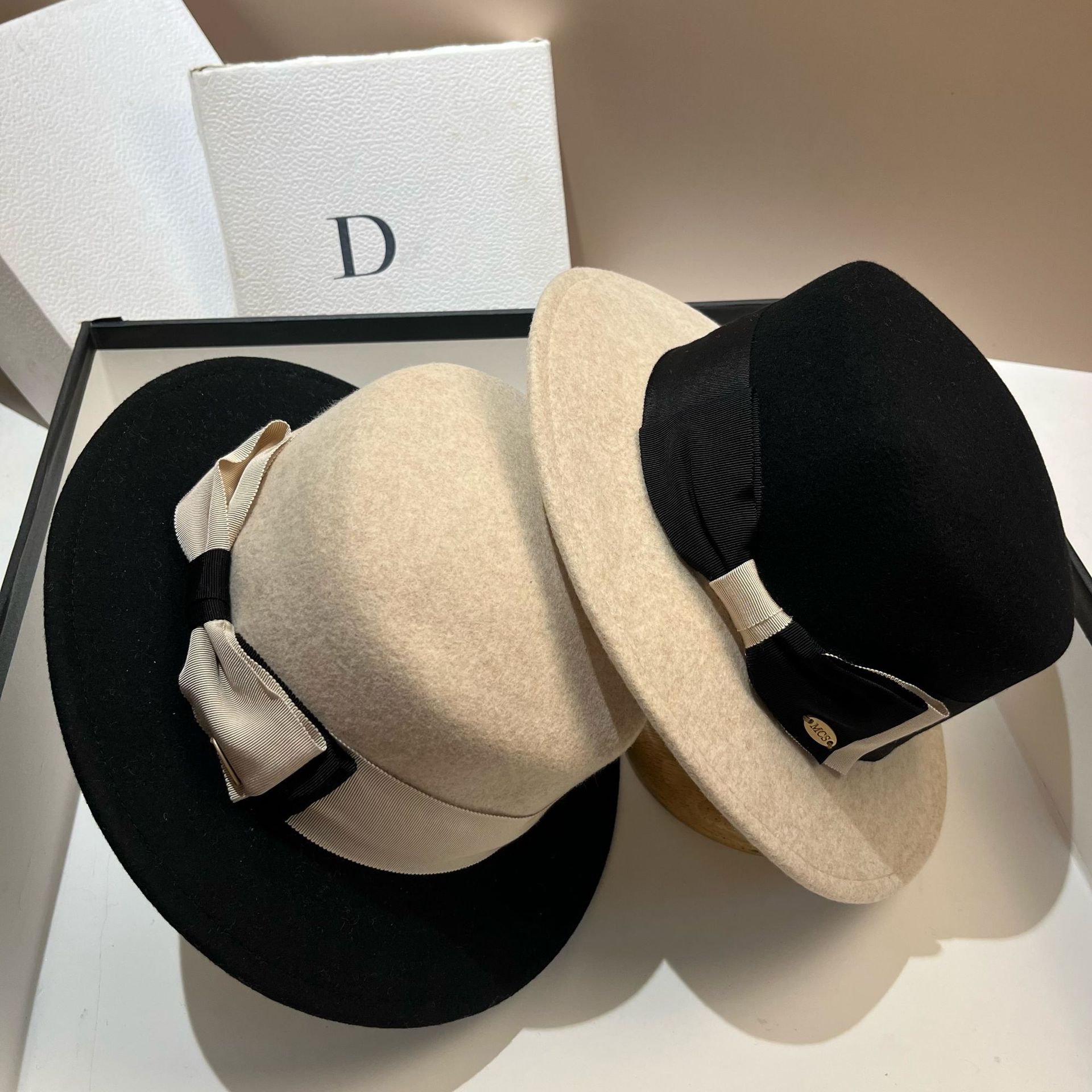 Chapeau haut de forme plat en pure laine de couleur contrastante avec nœud automne et hiver nouveau chapeau de célébrité Hepburn chapeau de jazz britannique_voghion.com