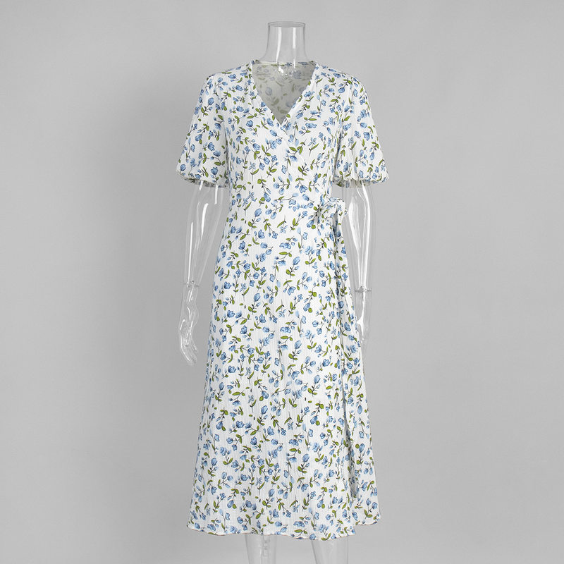 Đầm liền cotton in hoa cổ chữ V tay bồng buộc dây lưng cao — Hoa oải hương, Hoa tulip màu hồng, Màu be, Màu hồng