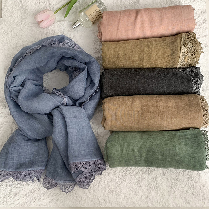 Bufanda Estilo coreano, primavera y otoño, nueva moda, color sólido, borde de encaje, cuello, bufanda larga, chal