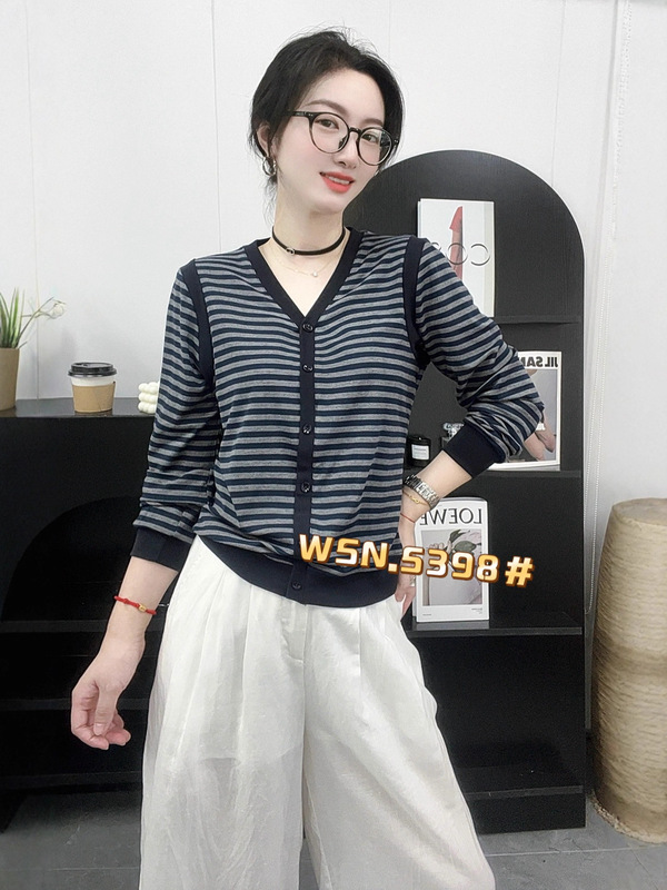 2025秋季新款休闲条纹套头女长袖V领显瘦上衣女T恤5398|undefined