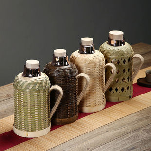 Thermal Insulation Water Bottle Bamboo Woven Household Traditional Wooden Pot Kettle Tea Room Office Thermos Glass Liner Kettle