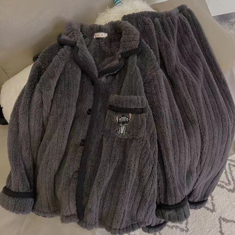 Ins Korean Style Steychie Cartoon Couple Pajamas for Men and Women Autumn and Winter fleece-lined Thickened Coral Fleece Home Clothes suit