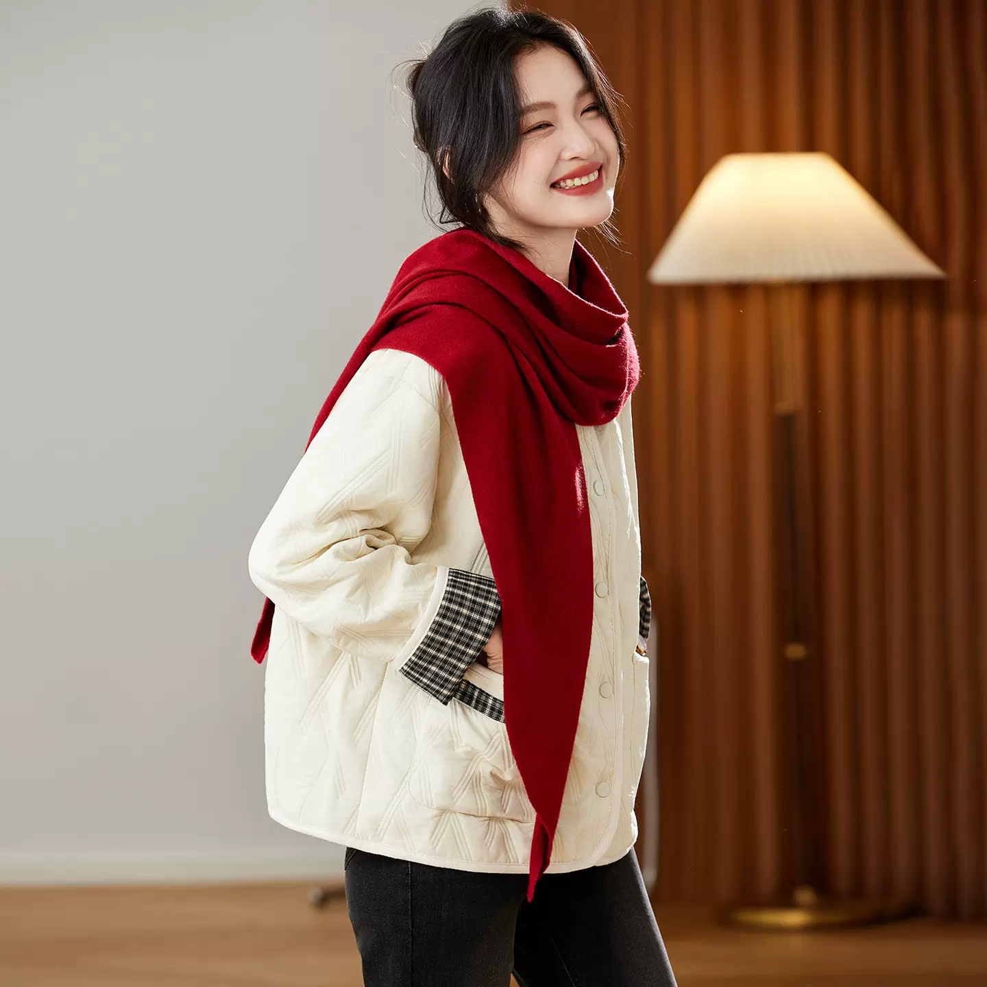 棉茧 韩系复古风短款棉服女2025年宽松菱格纹高级感百搭保暖外套