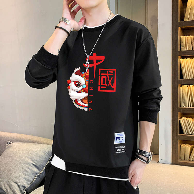 Primavera y otoño de hombre nueva camiseta de manga larga marca de moda masculina suelta camiseta de cuello redondo estilo de moda masculino de Hong Kong ropa de tamaño grande